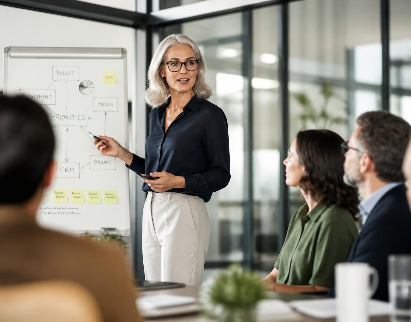 Ervaren professional presenteert een plan aan een team van collega's