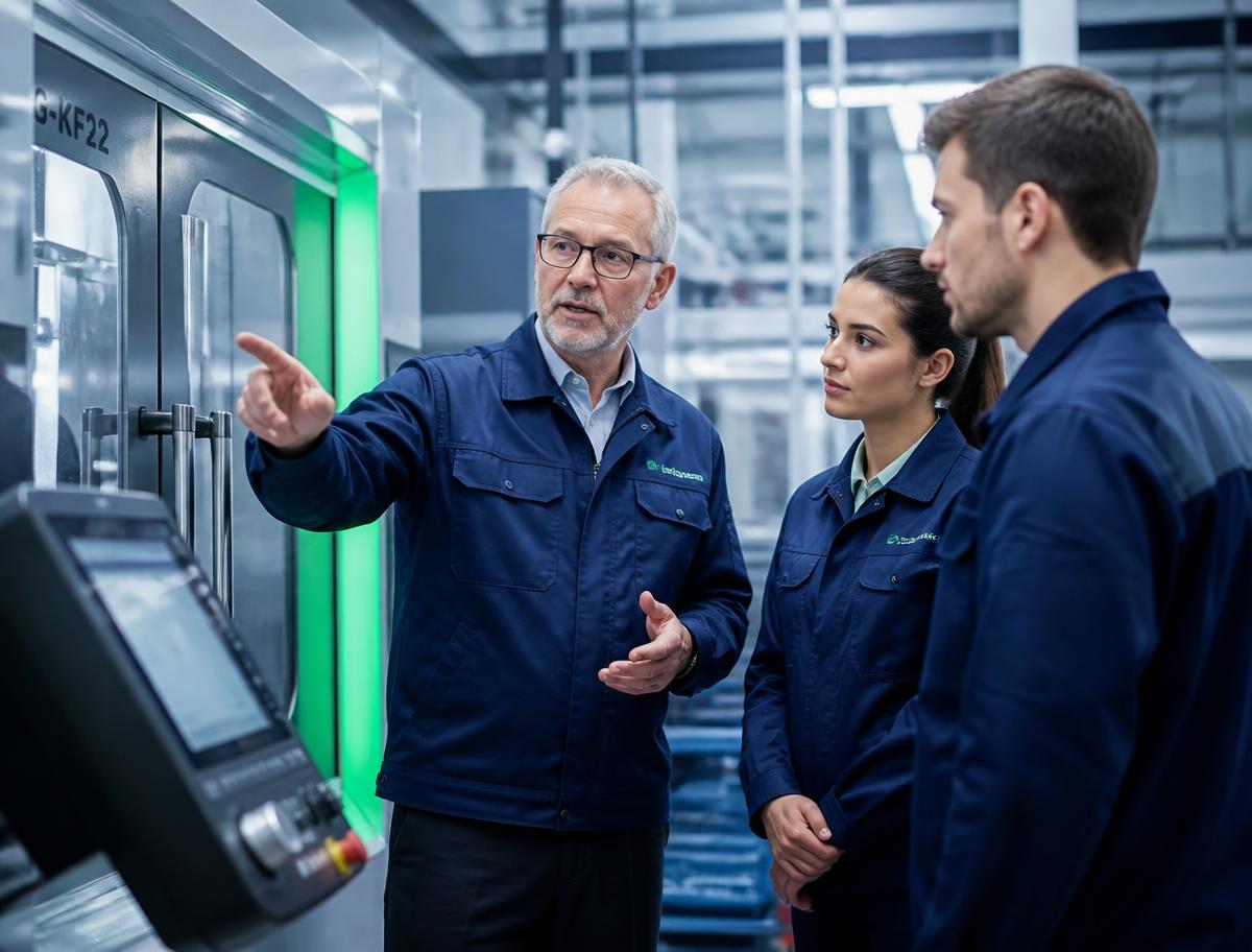 Ervaren technisch verantwoordelijke bespreekt een machine met jongere collega's
